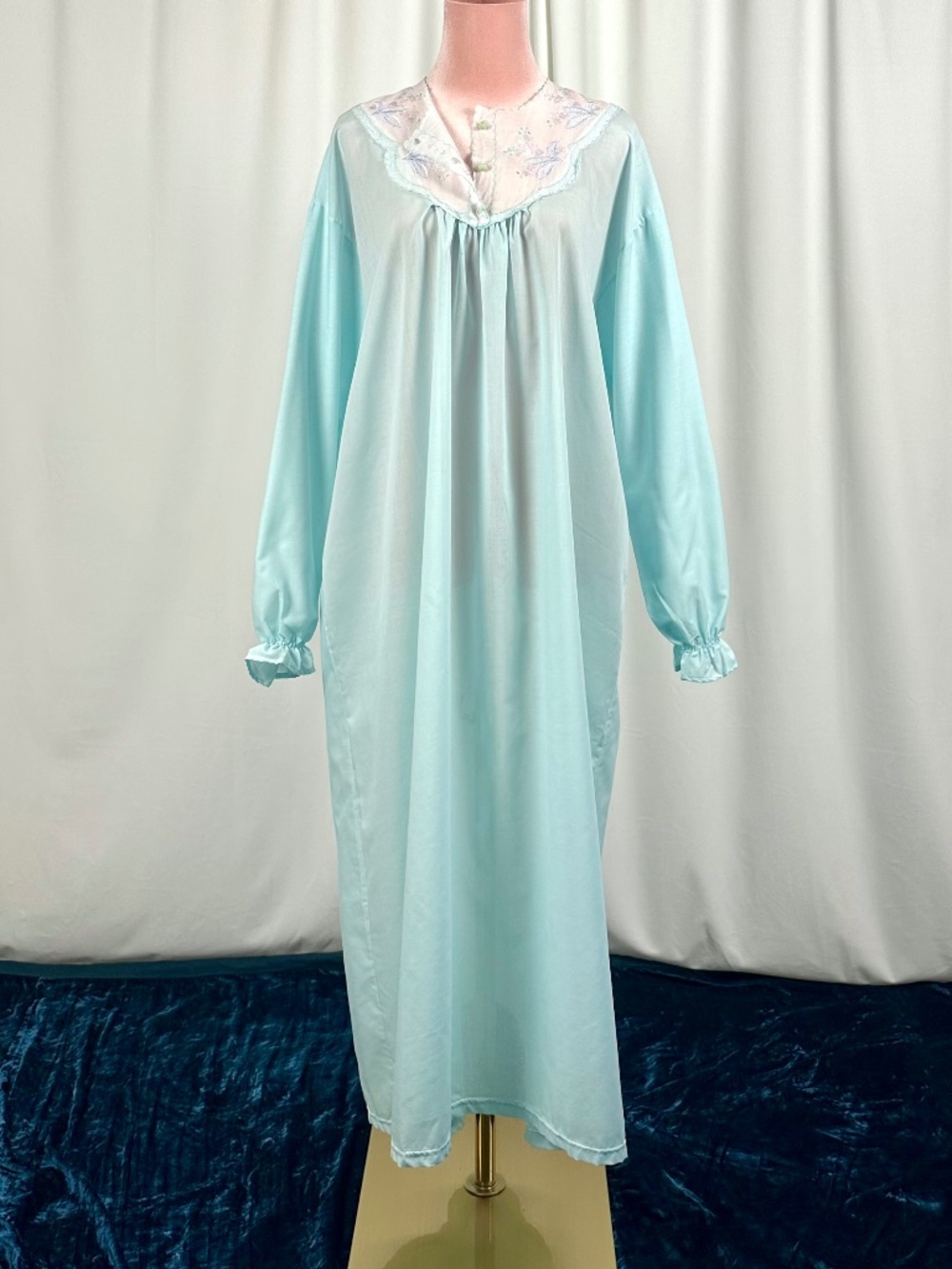 Vintage Italian Cotton Nightgown Aqua Blue Embroidered Yoke Cottagecore Dress